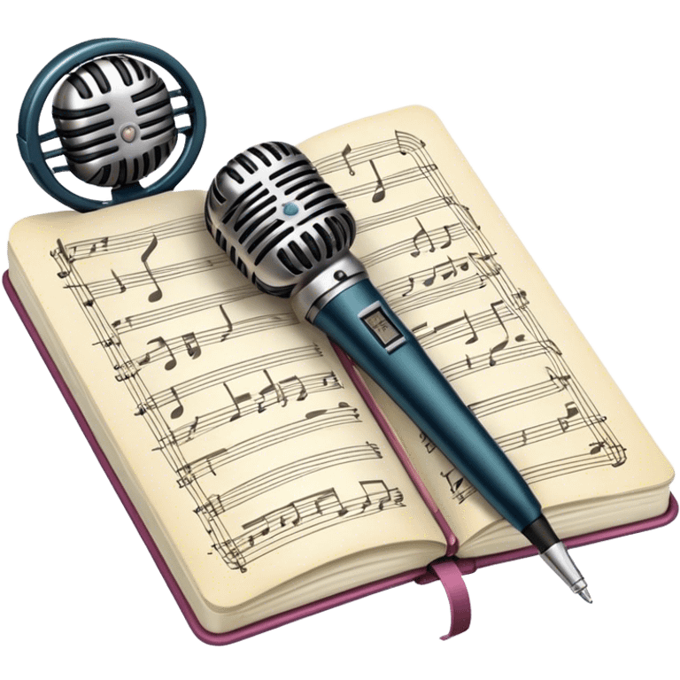 Create an emoji representing songwriting. The design should feature an open notebook or sheet music with visible lyrics and musical notes, symbolizing the process of writing song lyrics. A pen or pencil should be placed near the notebook, indicating active writing. Optionally, include a vintage microphone or a quill to add a creative touch. Use a harmonious color palette with warm and neutral tones. Do not include any emojis or smiley faces. Make the background transparent. emoji