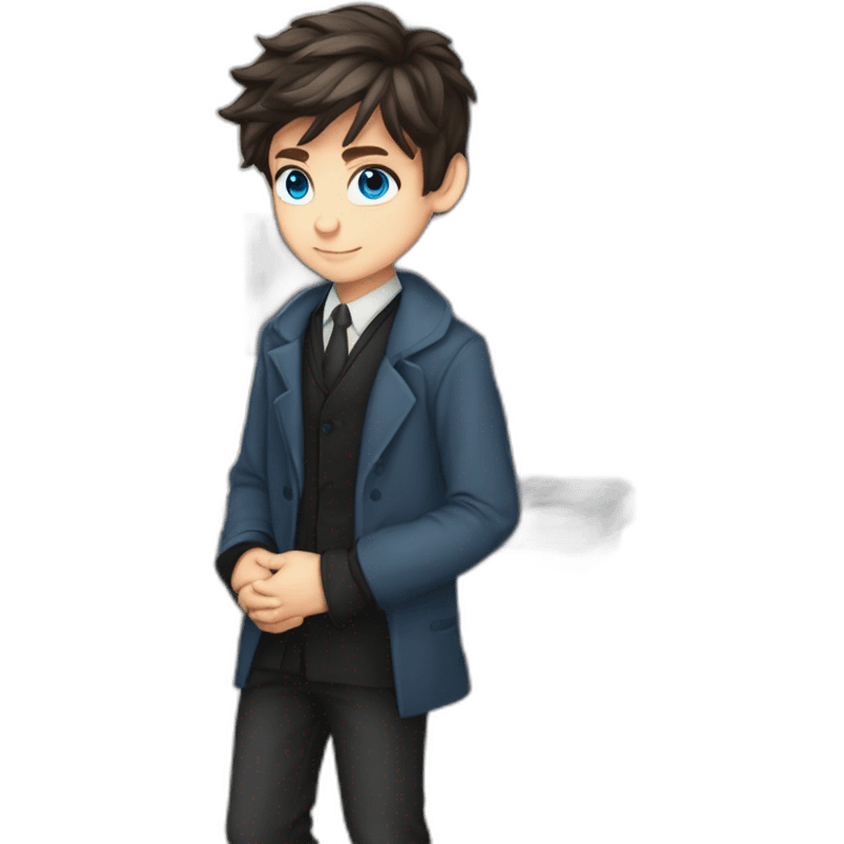 Blue eyes, Classy programmer, 13 years old, coat, formal outfit, pc in hands, brunette boy, uses pc stays on pc, black coat, has pc in hands, all body see emoji