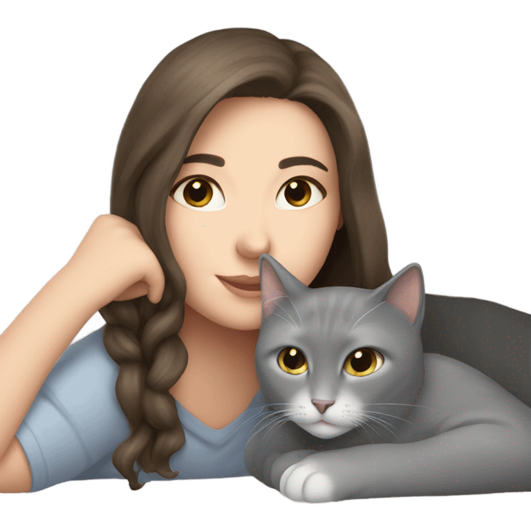 Brunette White girl and grey cat snuggling emoji