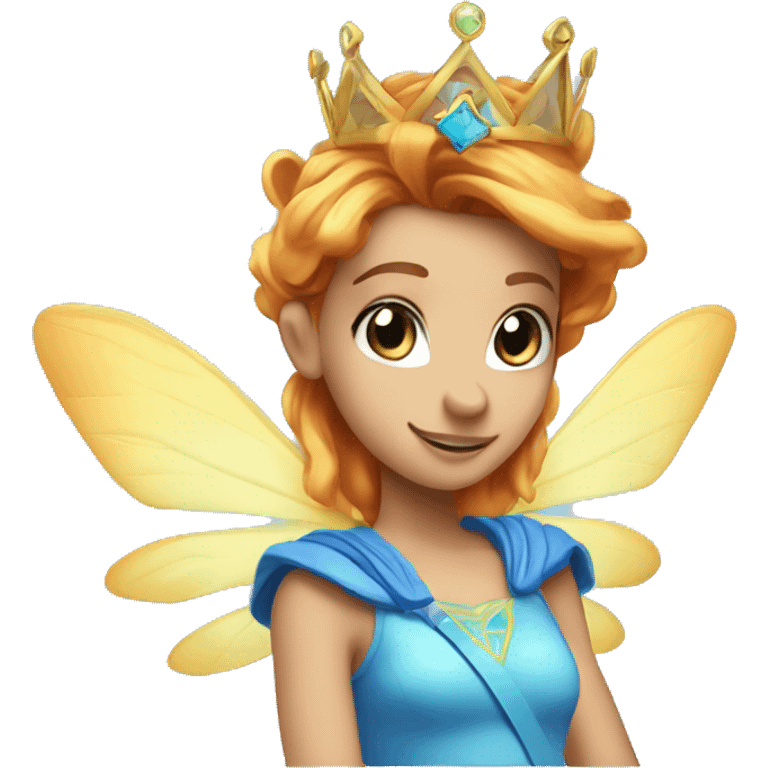 bloom winx fairy with rad hair and blue eyes and in blue shirt with wings and crown emoji