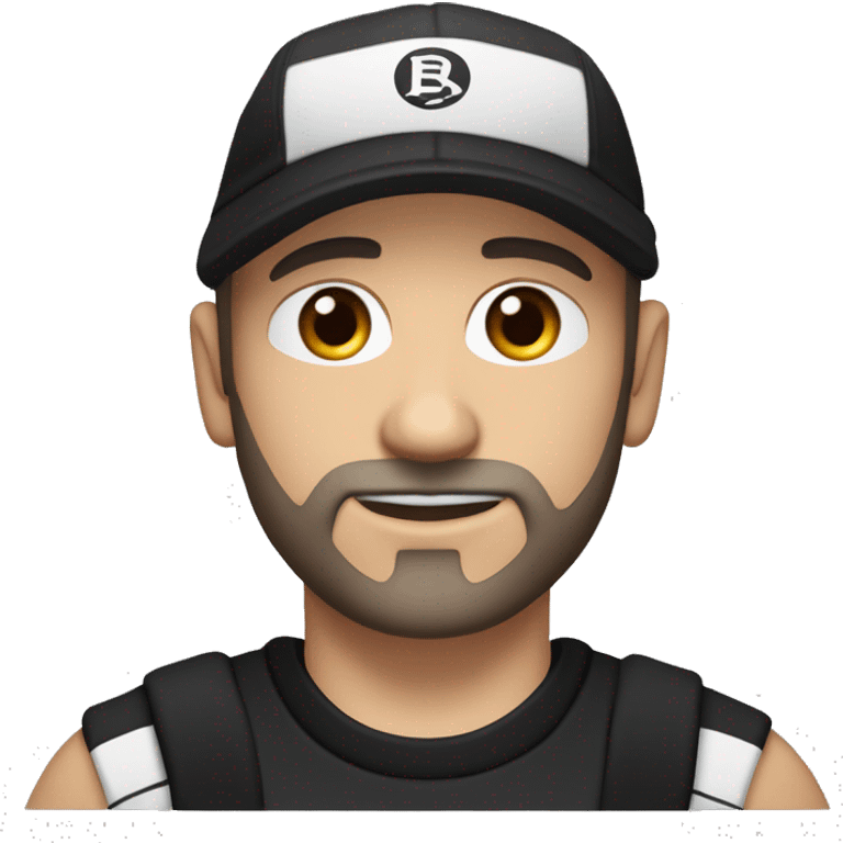 An adult white skin portrait of male with stubble and a slightly gray beard, brown hair, black eyes, wearing a black Reebok cap with a round emblem on his head, and a black sweater with three white stripes on the sleeves underneath. emoji