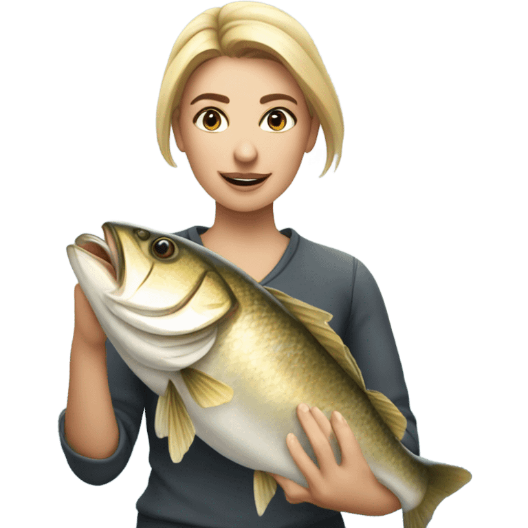 Young white woman fishing a big fish emoji