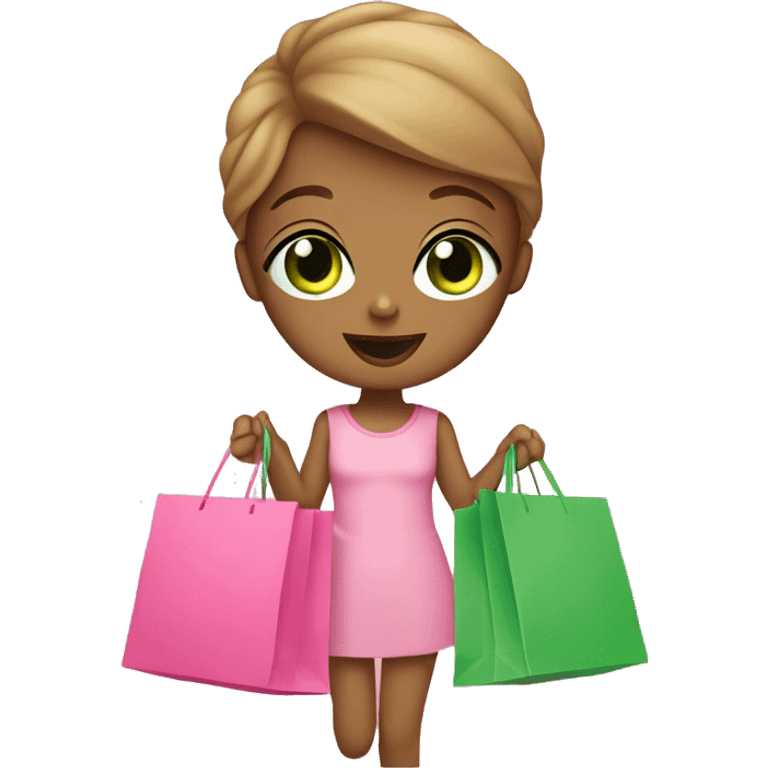 cute light brown with green eyes wearing pink surrounded by pink shopping bags emoji