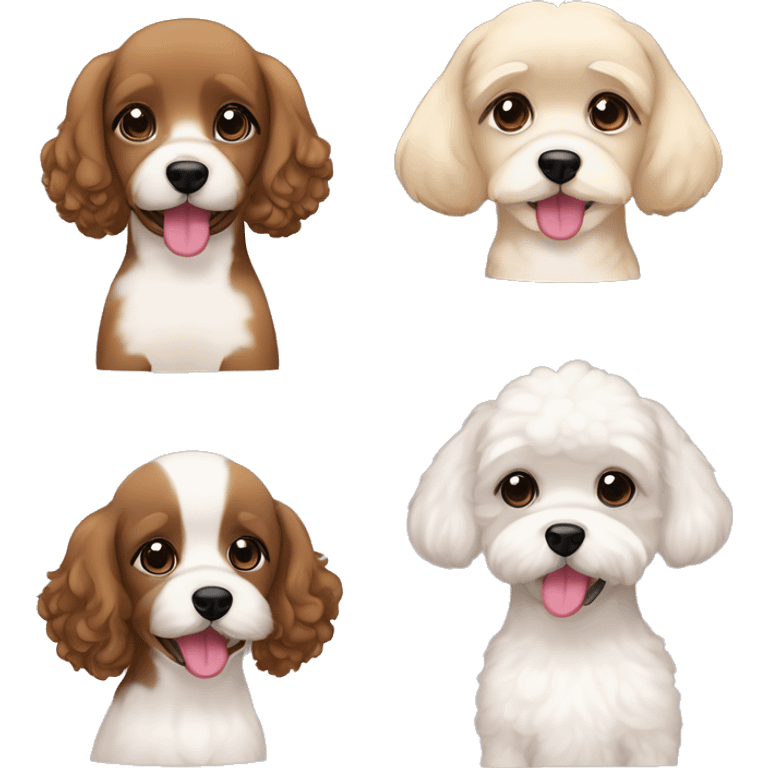 a young spanish woman with brown wavy hair bob cut and 1 little dog black with floppy ears, other black with ears up, bichon maltes and other color blonde floppy ears and showing tongue  emoji