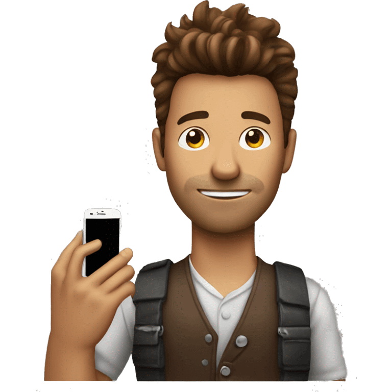 Brown hair man with faux hawk holding iPhone emoji