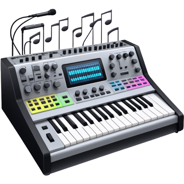 Create a professional and detailed emoji that represents sound design equipment. The design should feature a high-end Korg synthesizer, a sound mixing console, and a control panel with audio cables connecting to large studio speakers. Surround the equipment with sound waves made of musical notes to symbolize the creative process of shaping sound. Use sleek colors like silver, black, and neon accents to highlight the high-tech nature of the equipment. The background should be transparent. emoji