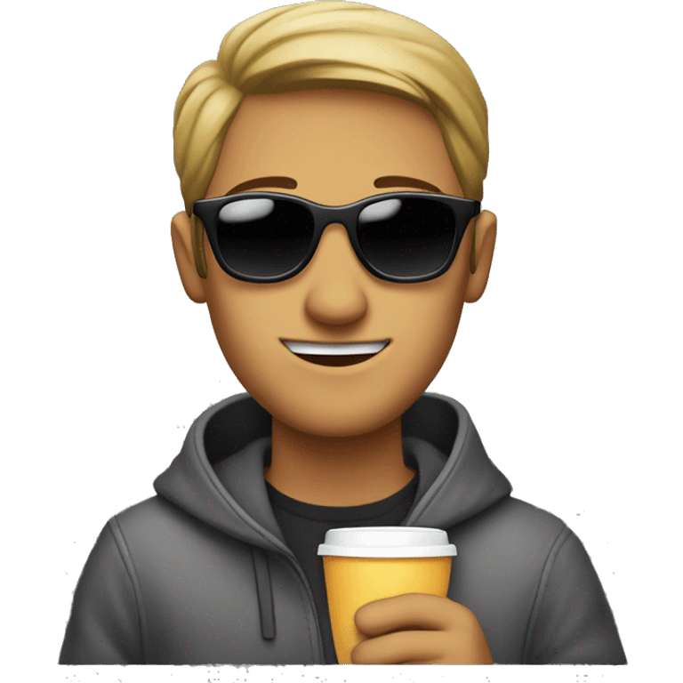 A man with sunglases and a hodie holding coffe emoji