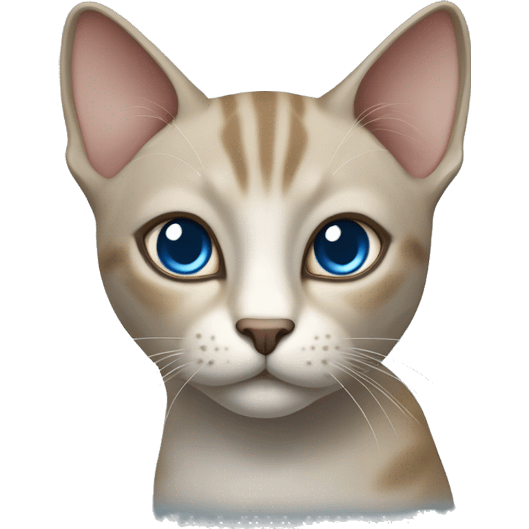 Thai breed realistic adult cat with a light cream -brown body, dark gray face, ears, and paws. Short fur, sharp ears, striking light blue eyes  emoji