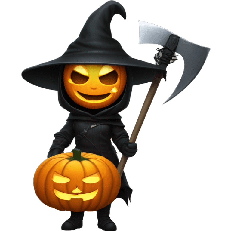 Human female pumpkin hunter with a scythe, glowing pumpkin eyes inside a black helmet, Halloween theme, emoji" emoji