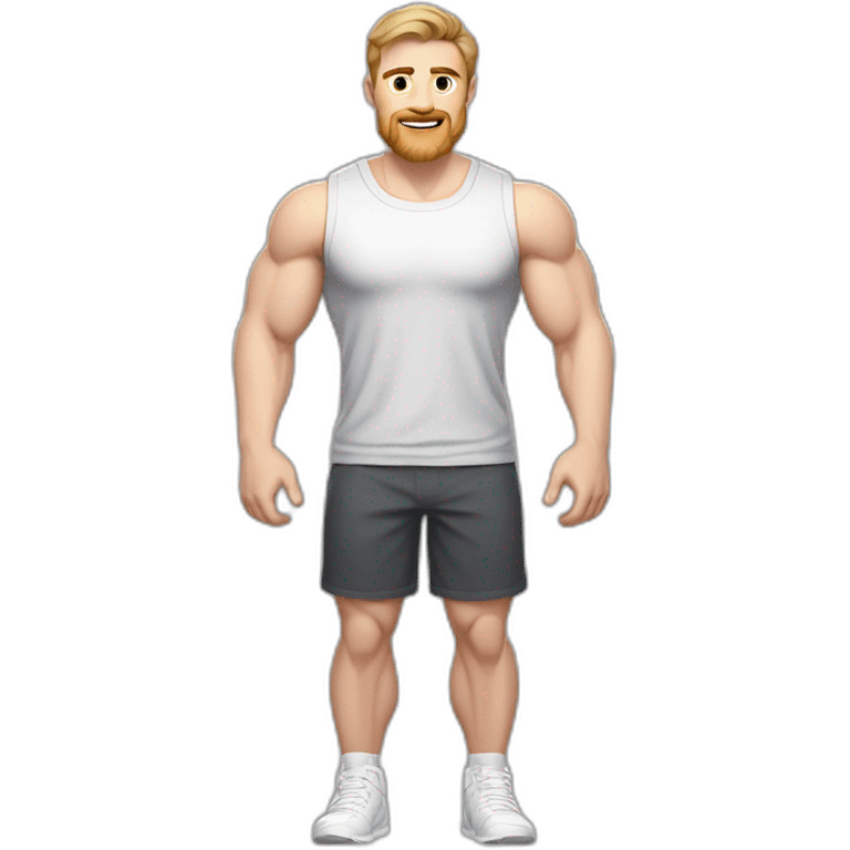 Full height Pale skinned fit man With biceps, Realistic eyes and mouth, light brown hair and stubble In dark gray sleeveless mike, black oversize sports shorts, watch and white sneakers. emoji