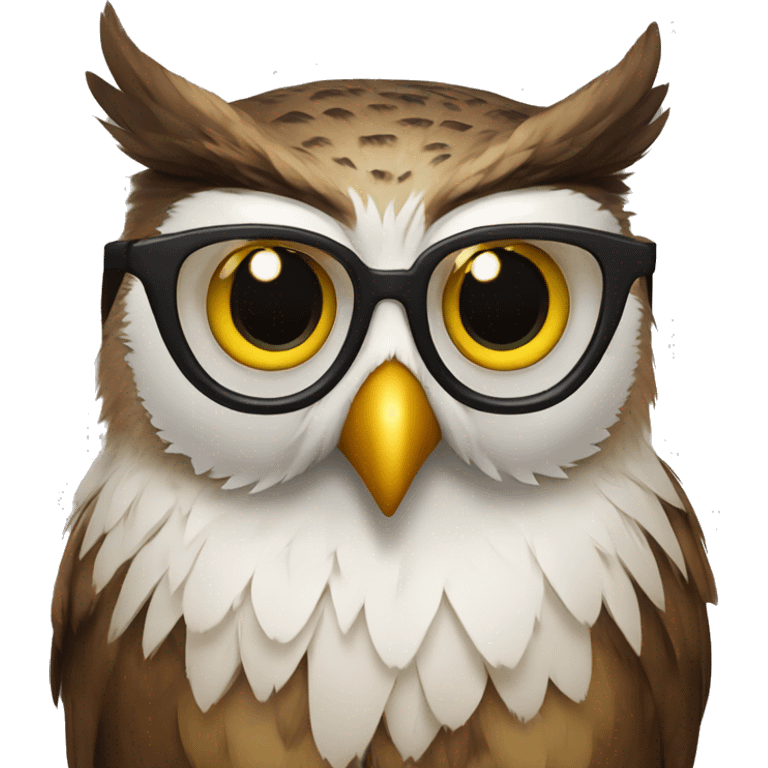 owl head with glasses and yellow eyes, brown and white feathers emoji