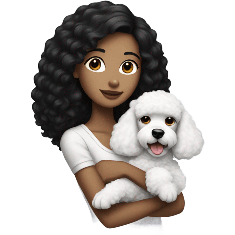 Black-haired girl, very beautiful, holding a white poodle  emoji