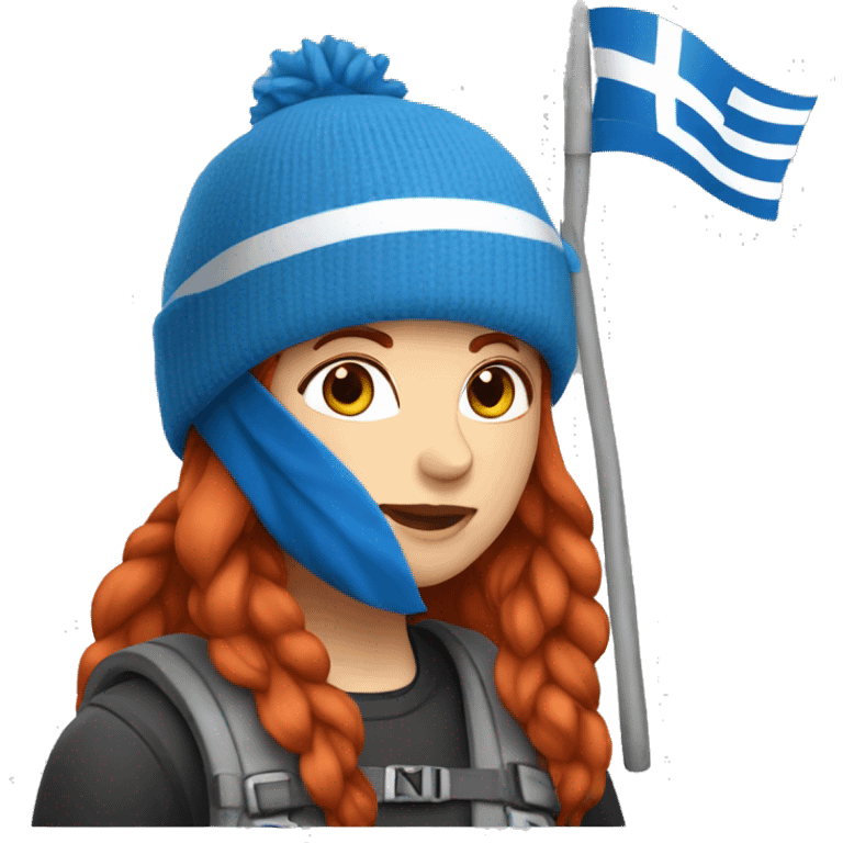 female mountaineer red hair blue beenie with easter egg and greek flag  emoji