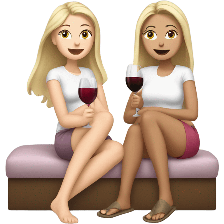 Two white girls wearing silly slippers, drinking wine ￼ emoji