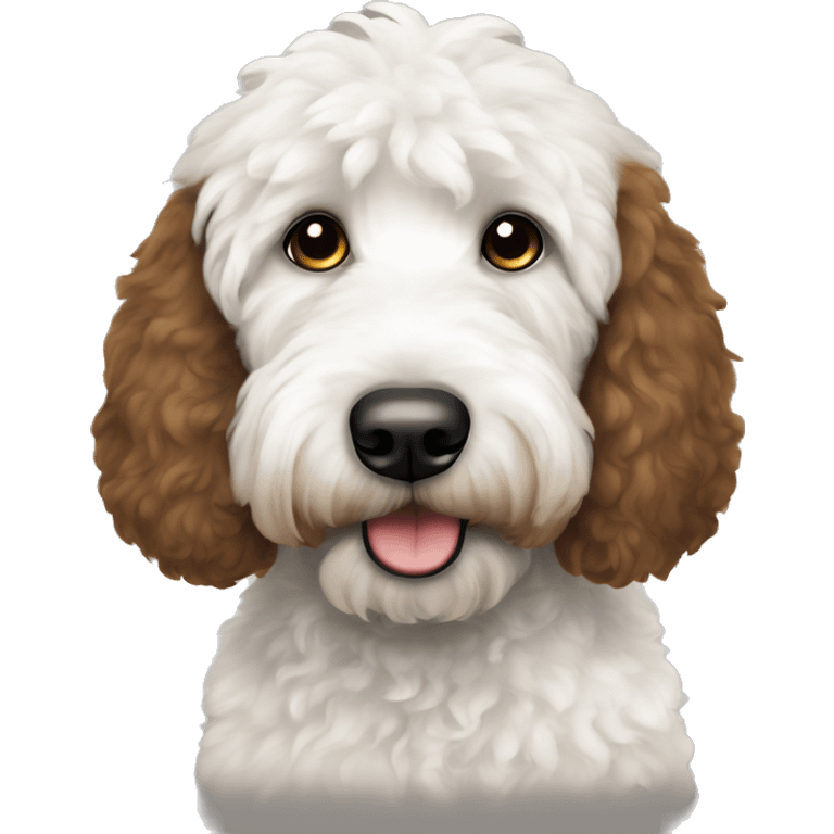 white and black goldendoodle with brown eye patches emoji