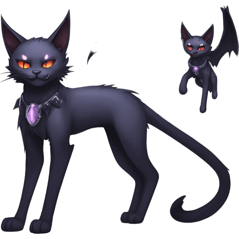   cool edgy beautiful anime-style ethereal dark-punk-themed animal vampiric cat-hybrid Fakemon with fangs and bat-wing-ears with a collar full body emoji