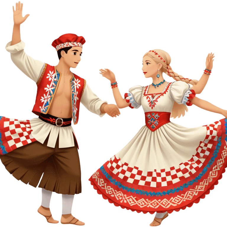 Cinematic Realistic scene of two performers engaging in the Croatian Linđo folk dance, adorned in vibrant traditional costumes with intricate patterns and accessories, captured in graceful, synchronized motion under festive natural lighting. emoji