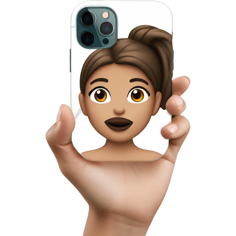 girl with brown hair and big lips iphone 12 pro on her hand emoji