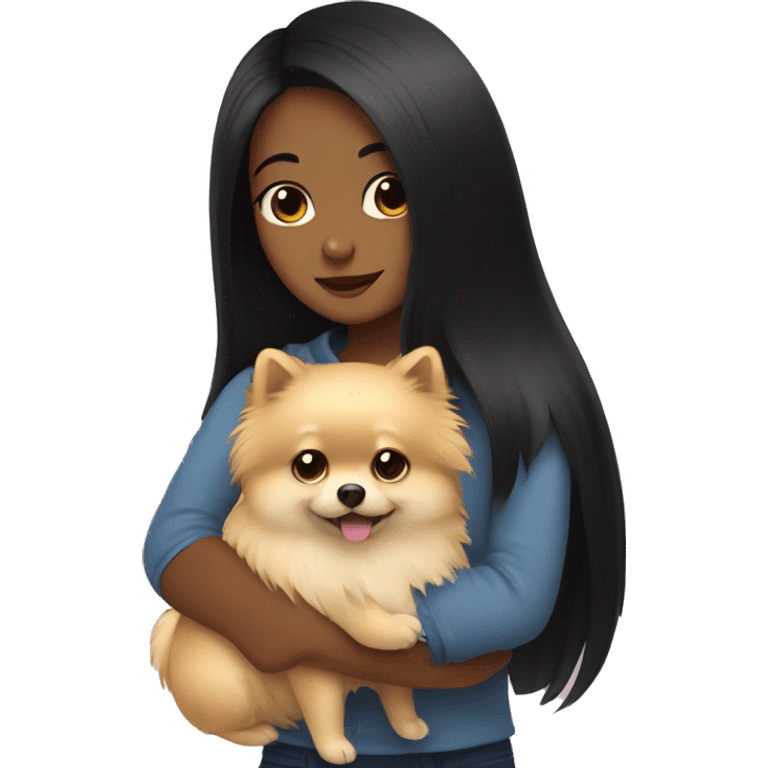 Girl hugging pomeranian. The girl has black hair. emoji