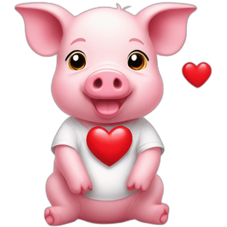 A pink baby pig with a white t-shirt on which there is a red heart, emoji