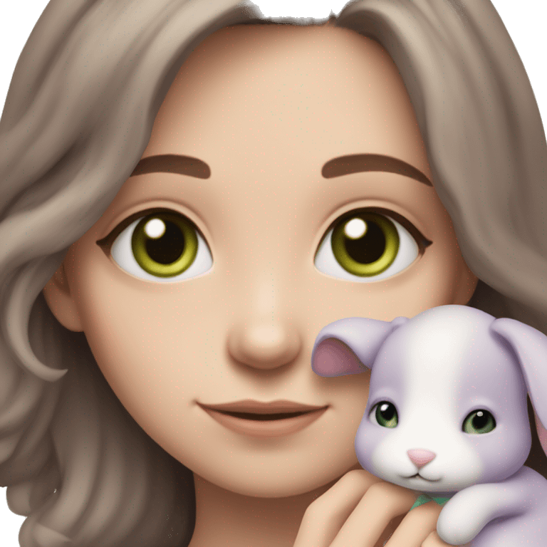 White skinned girl with green eyes and brown hair, cuddling her lilac-grey, floppy bunny teddy emoji