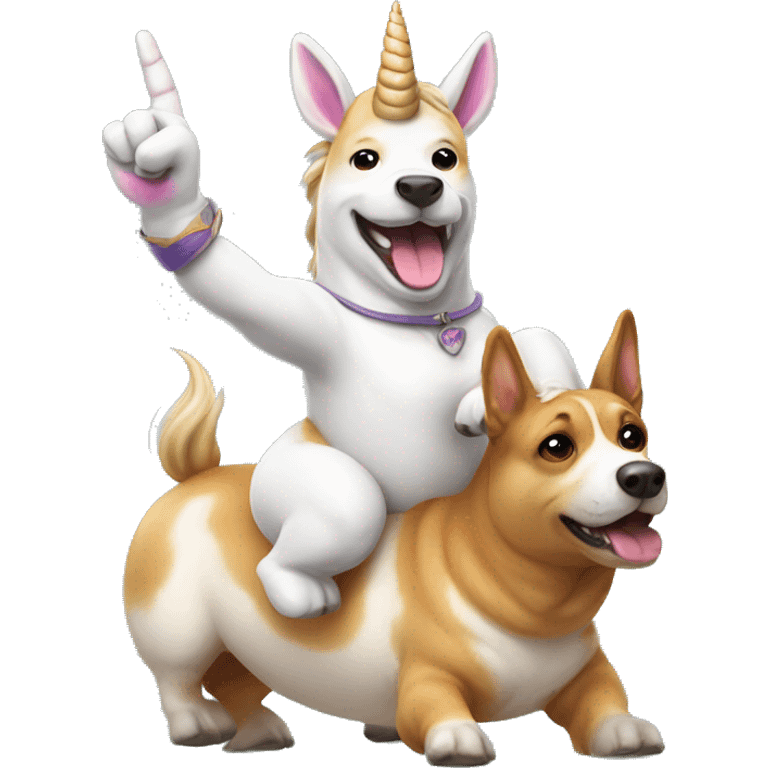 Unicorn giving the middle finger while riding a corgi emoji