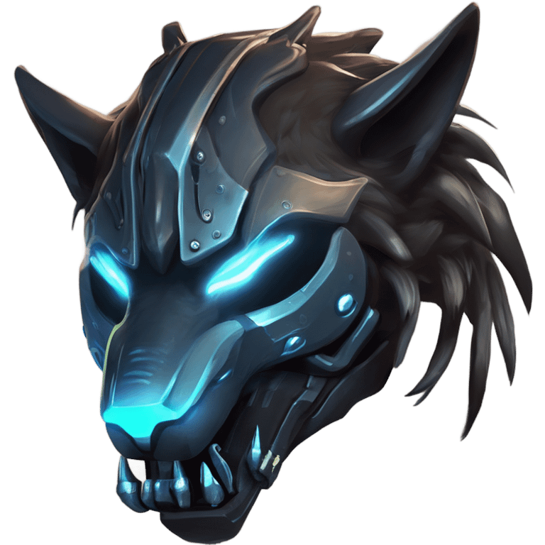 Warframe-inspired wolf Warframe with sleek biomechanical armor, a snarling wolf-like helmet, glowing eyes, and clawed gauntlets. Dark metallic colors with glowing energy lines, blending feral agility and deadly stealth. emoji