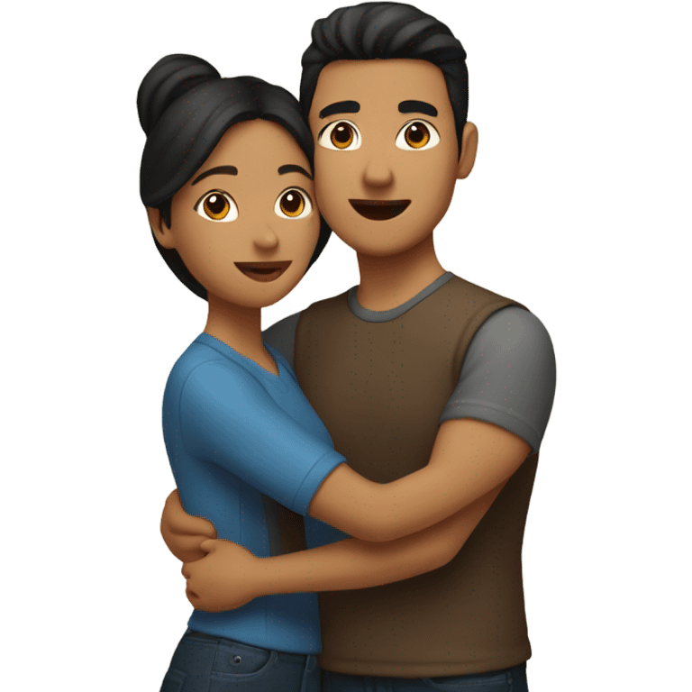 A brown colored woman and an asian men hugging togethef emoji