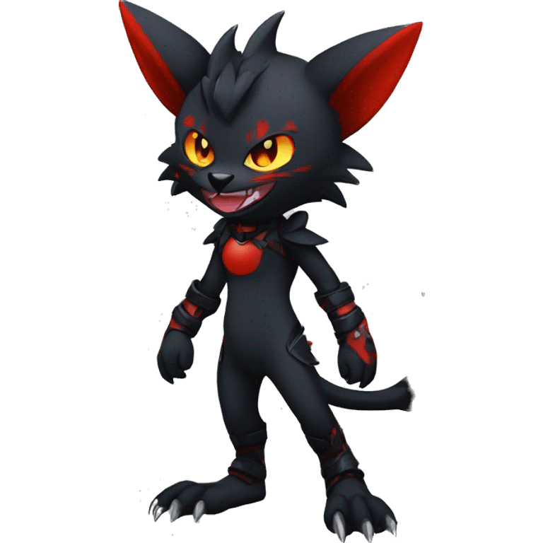 Black Anthro Cool Punk Noibat-Litten-Fakemon-fursona with fangs and red markings Full Body emoji