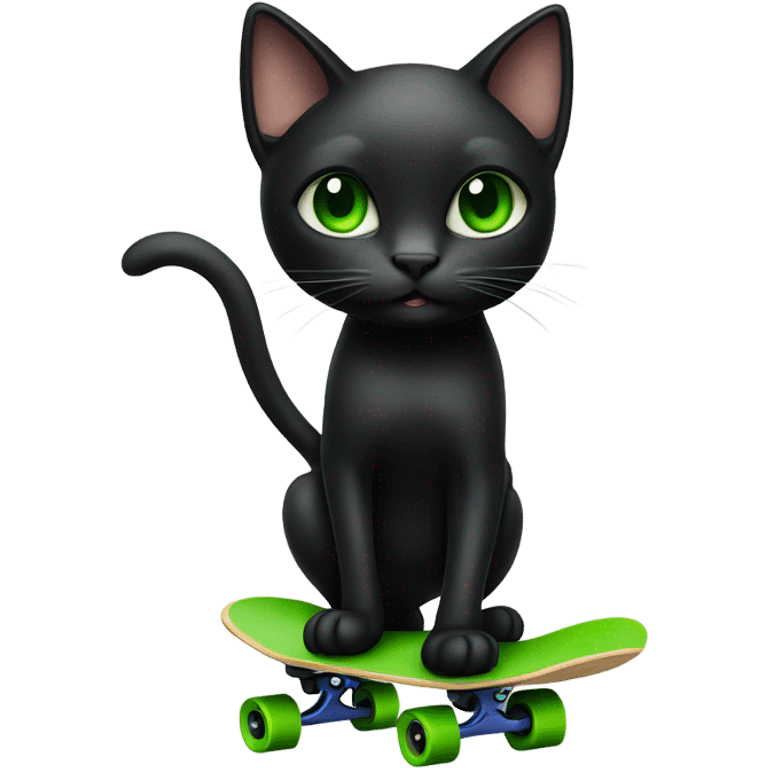 Black cat with green eyes riding a skateboard  emoji