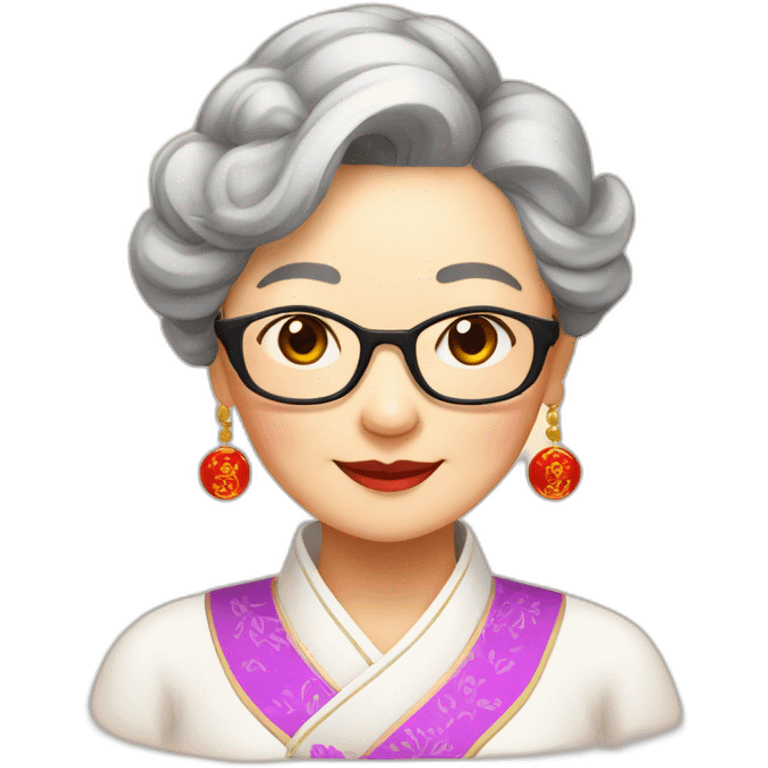 Chinese seniors lady wear Chinese traditional dress wear glasses show appreciation sign emoji