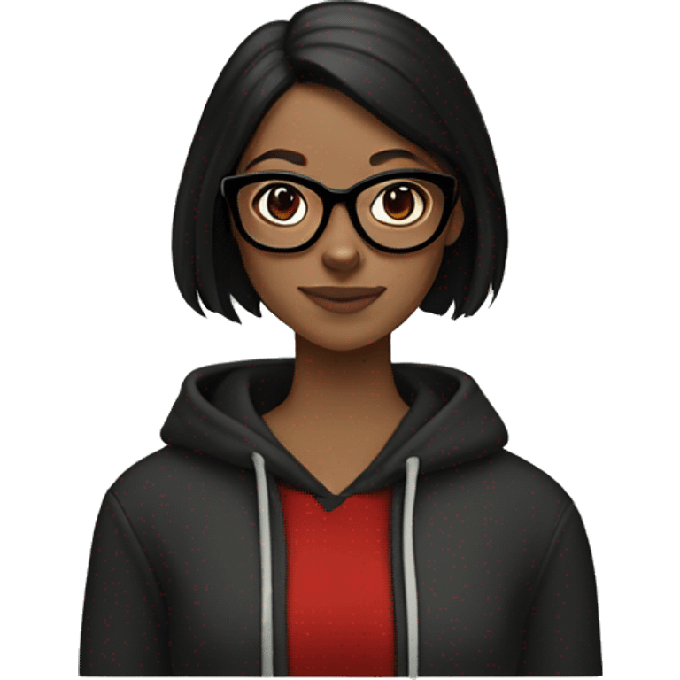 white girl with glasses is olive green colir and sholder length black hair and black hoodie and a red doberman  emoji