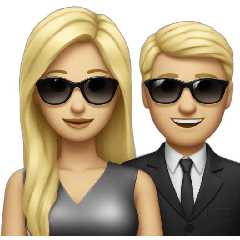 blond woman marketer with sun glasses with man in black suit emoji