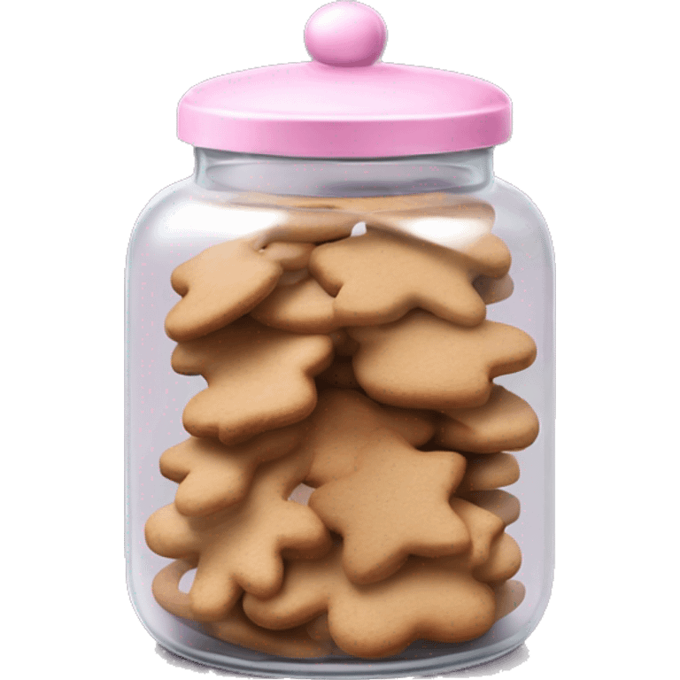 Realistic glass cookie jar with light pink lid full of gingerbread cookies isolated.  emoji