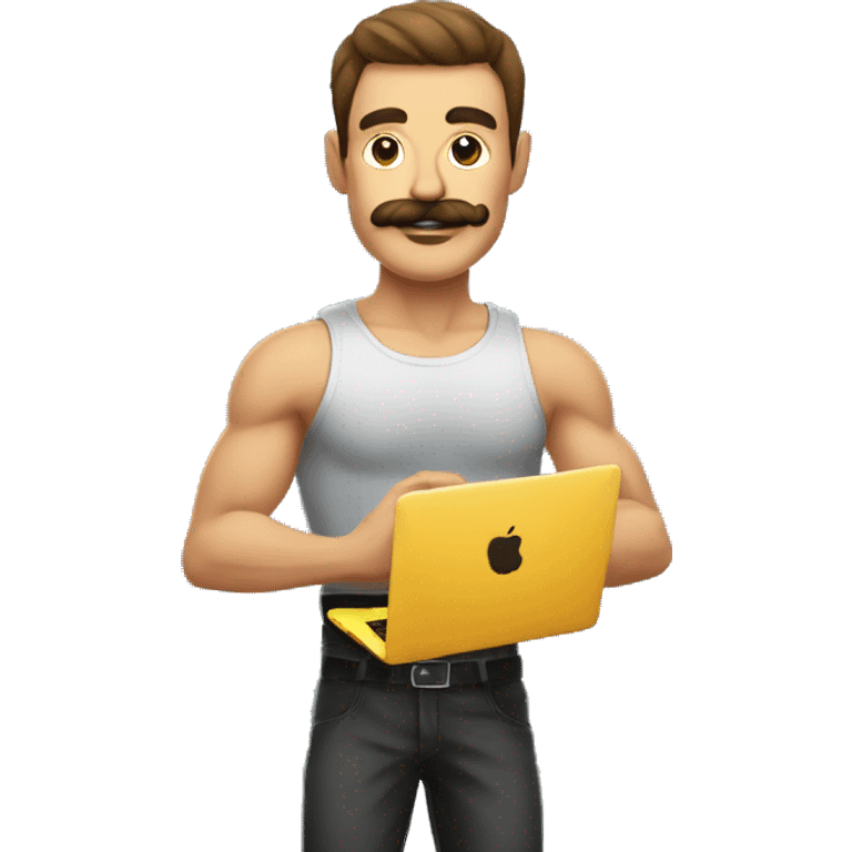 hot muscle mustache man with songkok and holding macbook emoji