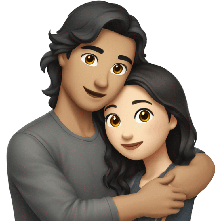 A cute Asian couple hugging each other very tight. The girl has long dark wavy hair and pale skin and dark hazel eyes, the Man has short dark straight hair and bright amber eyes and is pale emoji