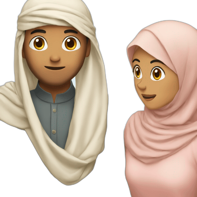 muslim girl trying to put her hijab but with wind and her husband holding her veil so it doesnt go fly away emoji