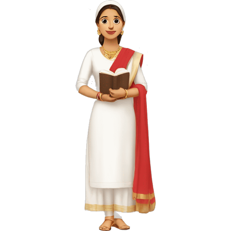 A women wearing white kurti, red dupatta and book in hand emoji