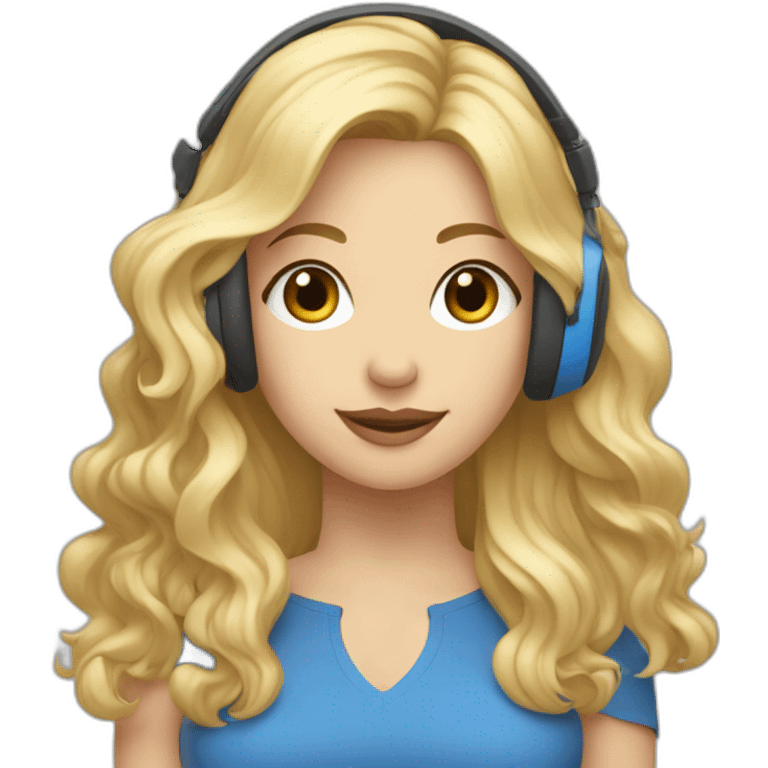 Femme aux yeux bleus, cheveux longs et blonds, avec un casque musique emoji