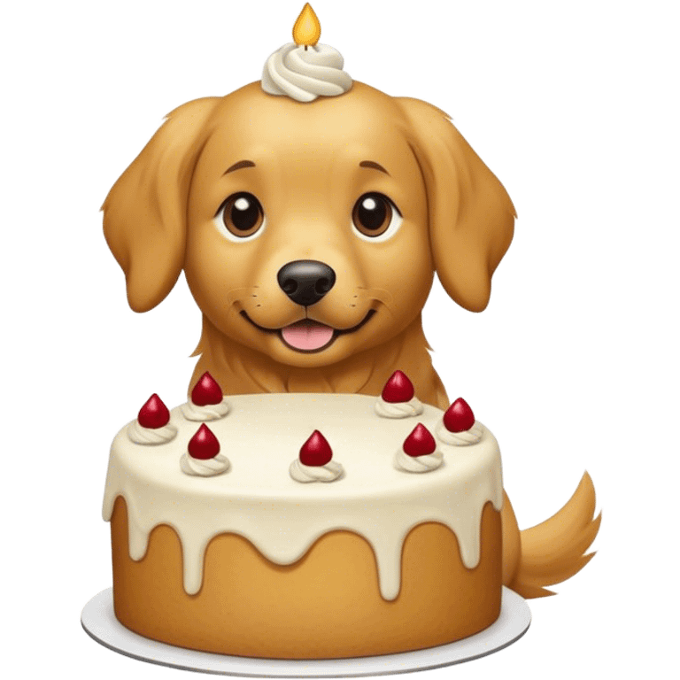 slightly darker colored golden retriever, turning into a cake more realistic looking emoji