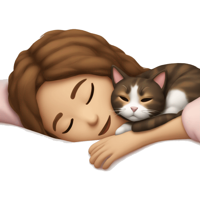 sleeping girl brown hair laying next to Calico cat emoji