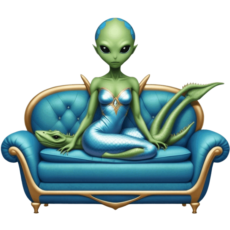 a reptilian green alien woman, in blue gold silver dress , lie on couch comfy, full figure emoji