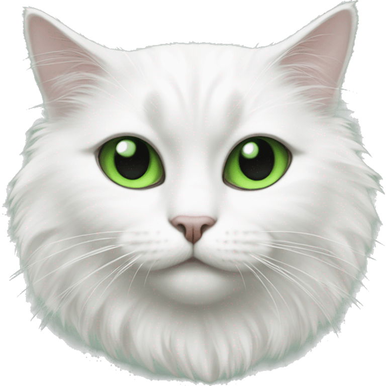 White cat with black on top of face and over one eye, green eyes, fluffy emoji