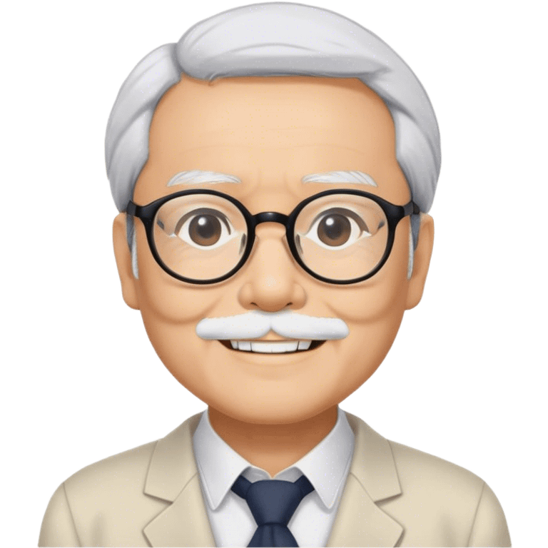 ​Cinematic Realistic Portrait of Hayao Miyazaki, depicted with defined black eyebrows, and large rectangular glasses, his happy expression rendered in lifelike detail, illuminated with soft, realistic lighting that emphasizes his creative genius, emoji