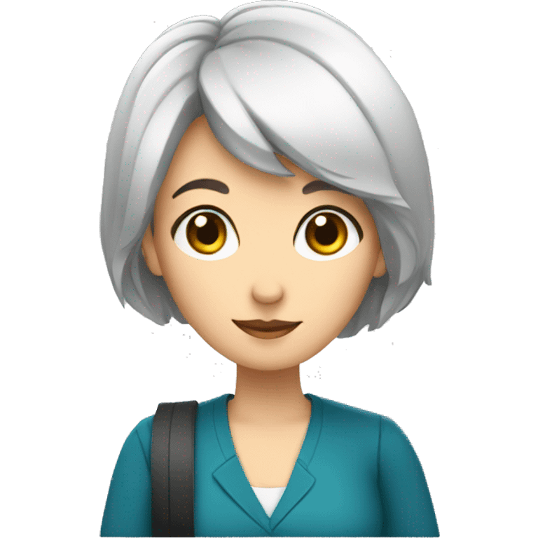 a wihte teacher with short black hair holding a notebook emoji