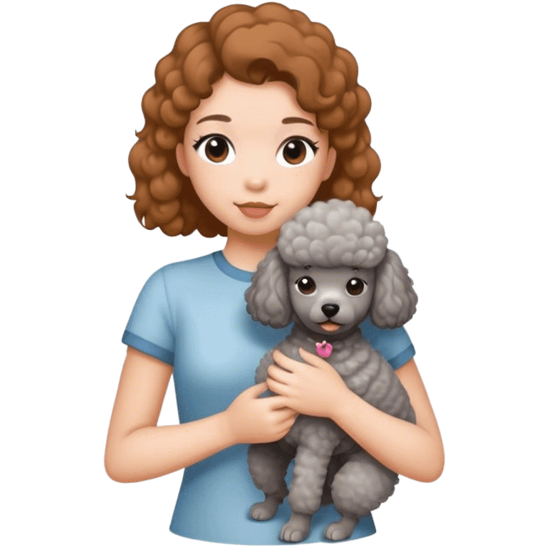 A girl with caramel brown ponytail holding a grey poodle emoji