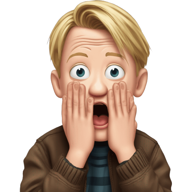 macaulay culkin from Home Alone, putting both hands on his face and screaming of fear. bring the hands down lik he is putting on his cheeks. emoji