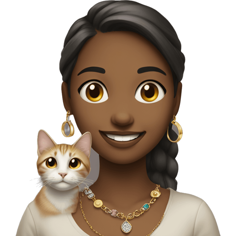 smiling girl indoors with jewelry walking cat emoji