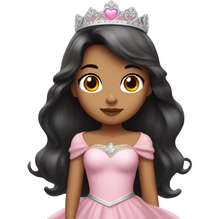 Princess with halo with tan skin tone with long black hair with bang with silver pink heart tiara and pink dress emoji