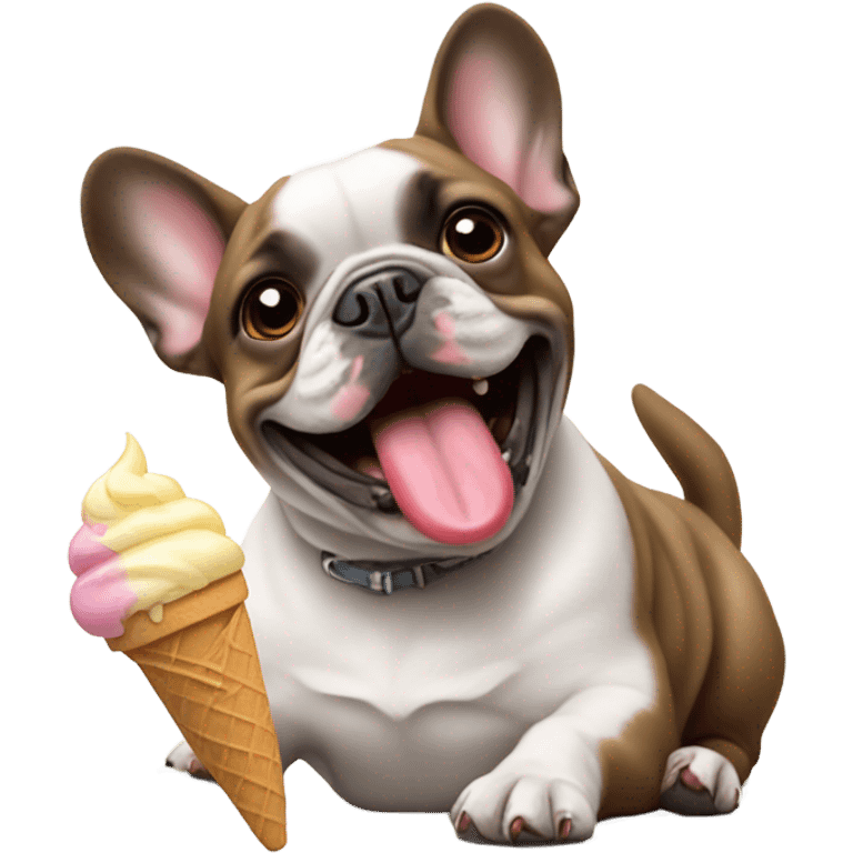 A French bulldog eating Ive cream emoji